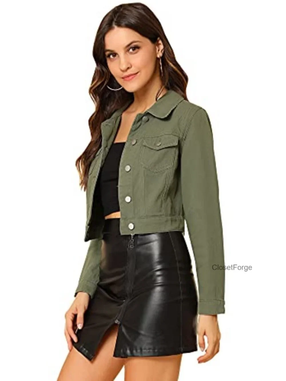 Cotton Denim Cropped Jacket Button Down Gingham Patchwork